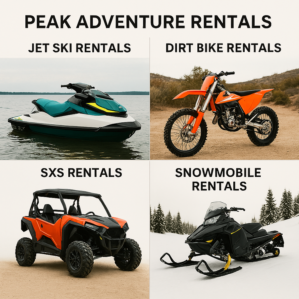 Four types of rental vehicles from Peak Adventure Rentals: a jet ski on a lake, a dirt bike on a desert trail, a side-by-side UTV on rugged terrain, and a snowmobile in fresh powder.